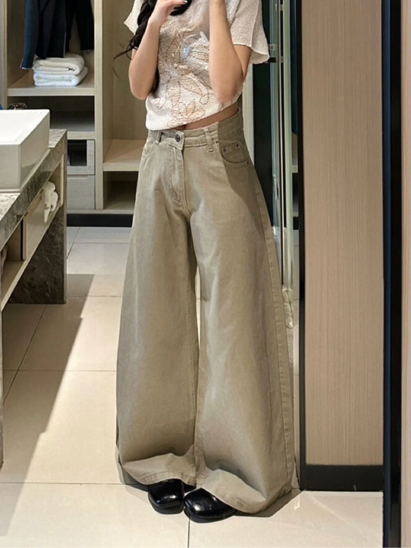 

High Waist Wide Leg Denim Jeans Women's Khaki Washed out American Style Retro Skinny Jeans Summer New Lazy Style Trousers