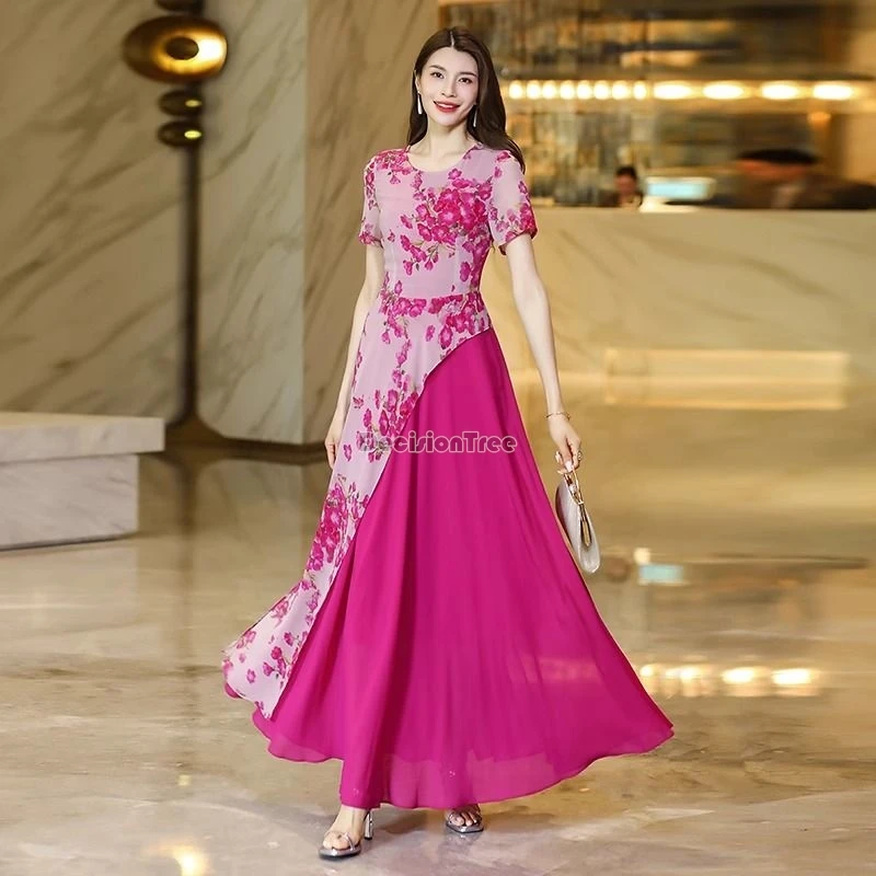 2024 new chinese style classical printing chiffon robe fashionable patchwork modern daily dress fairy temperament gauze dress