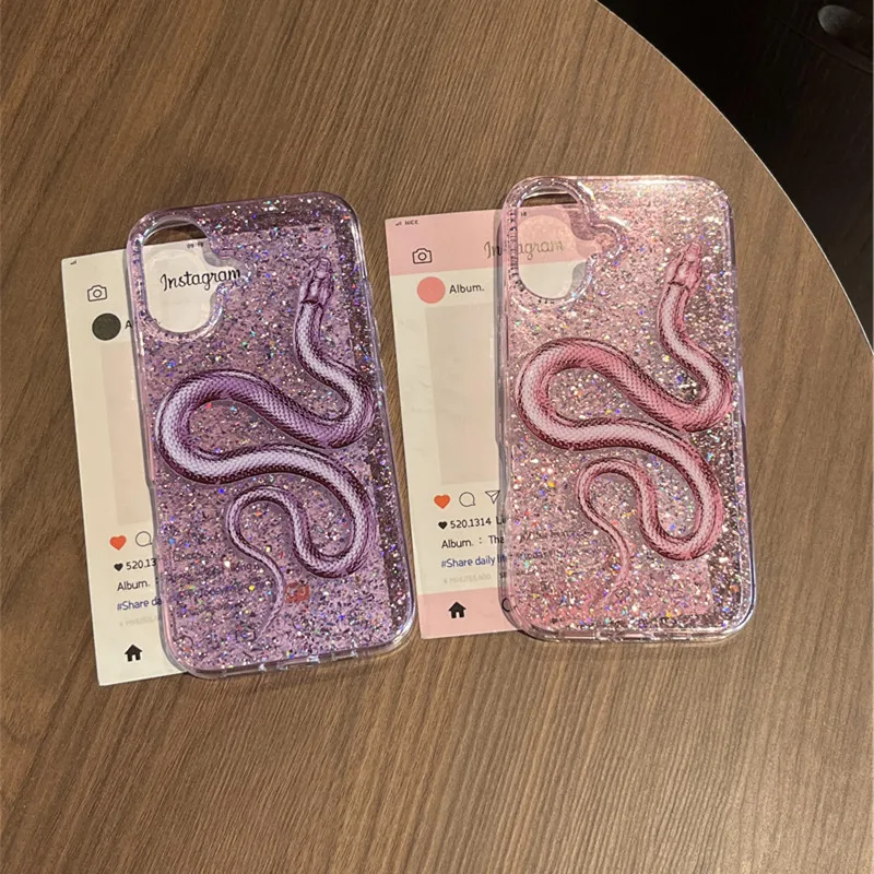 Snake Serpent Starry Glitter Pink Purple Phone Case for iPhone 13 14 15 16 Pro Max 16pro 15pro 14pro Transparent flash Cover