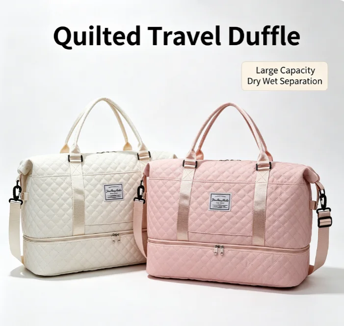 Quilted Gym Duffle Bag for Women, Large Capacity Sports Travel Bag with Shoe Compartment, Overnight Weekender Duffel for Fitness Workout