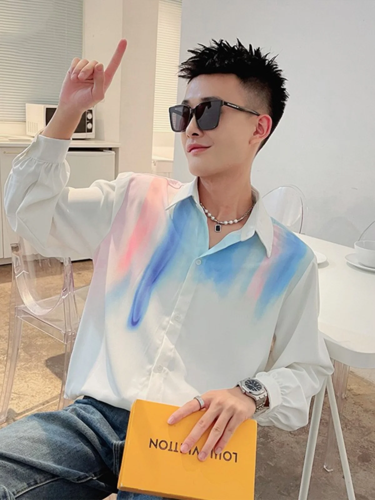 

Весенне-осенняя свободная мужская рубашка с длинным рукавом, модный дизайн, градиентный принт, повседневная верхняя одежда, стильный крой, для молодежи