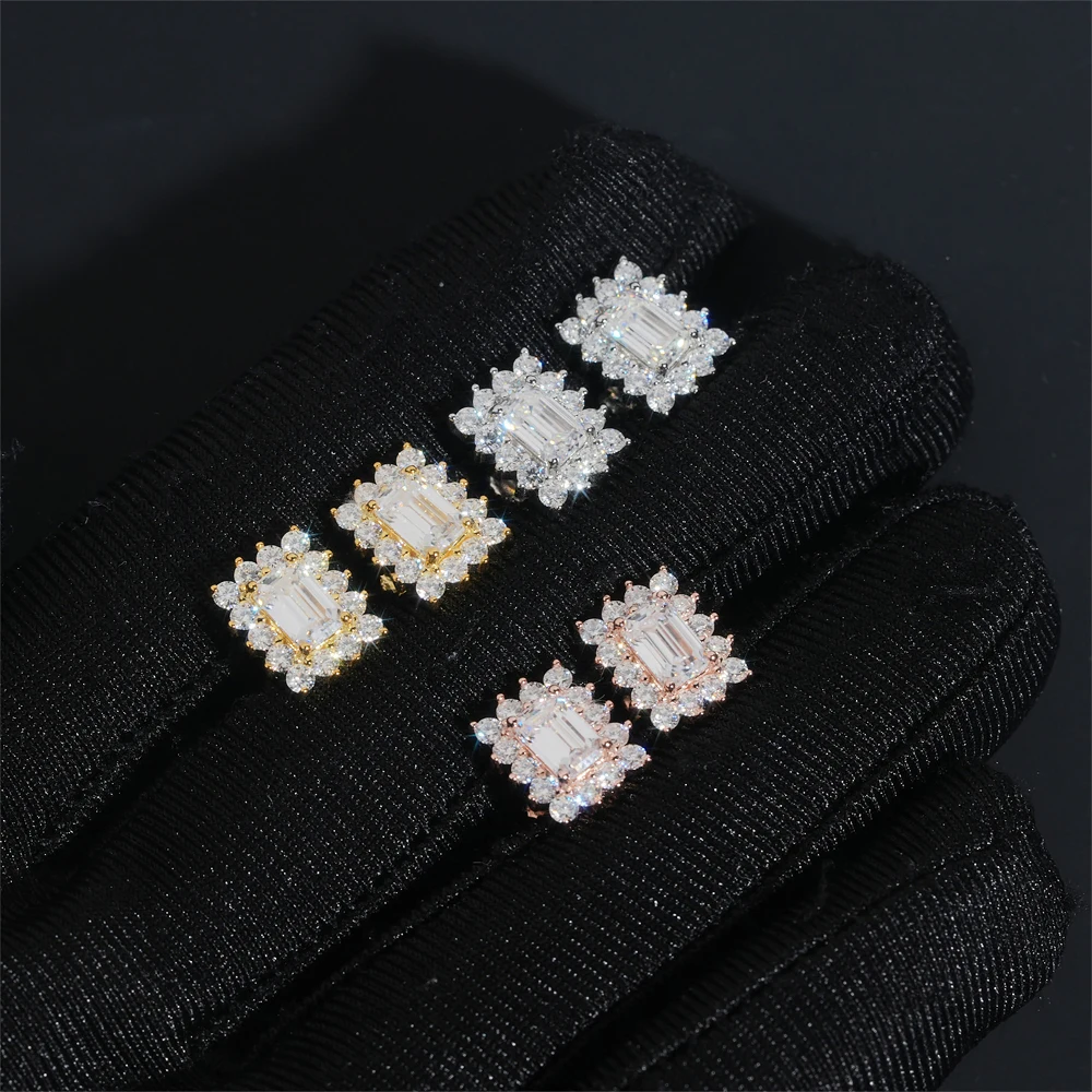 Blingminer New 10mm Emerald VVS Moissanite Earrings For Men Women S925 Silver Ear Studs Pass Diamonds Tester Free Shipping