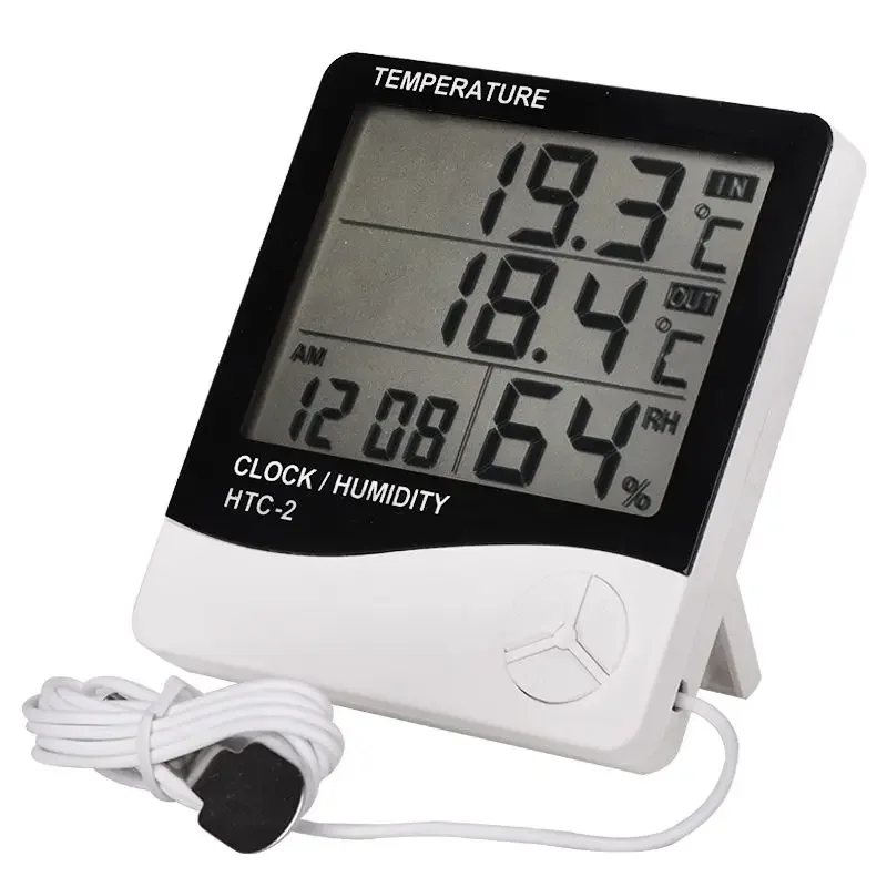 HTC-2 Indoor Room Digital Thermometer Hygrometer Electronic Humidity Temperature Meter Clock with External Outdoor Probe Sensor