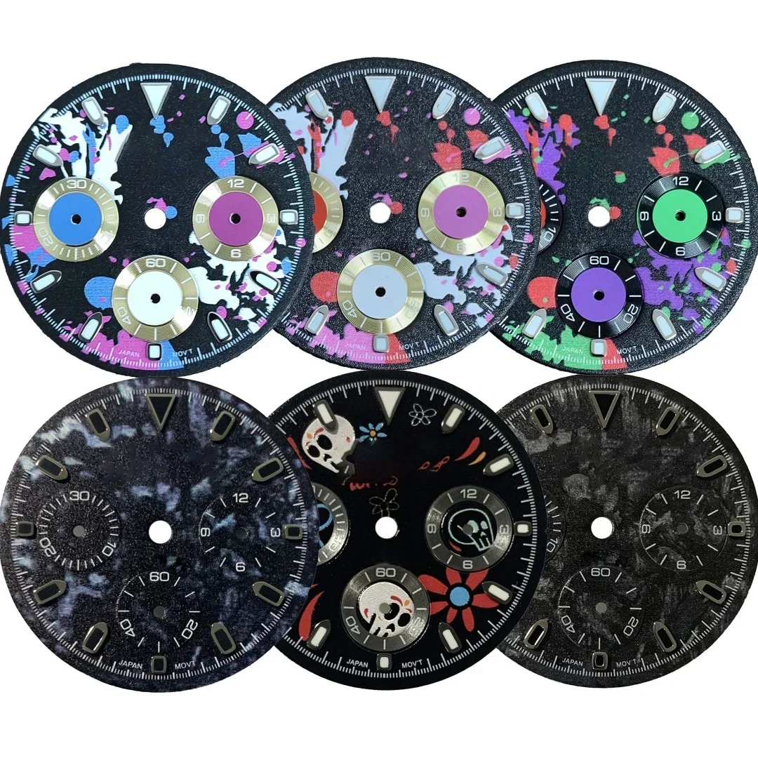 

29,5 мм художественный красочный цветочный циферблат, подходит для VK63, кварцевый механизм, модные детали, креативная картина маслом, скелет, зеленый люм