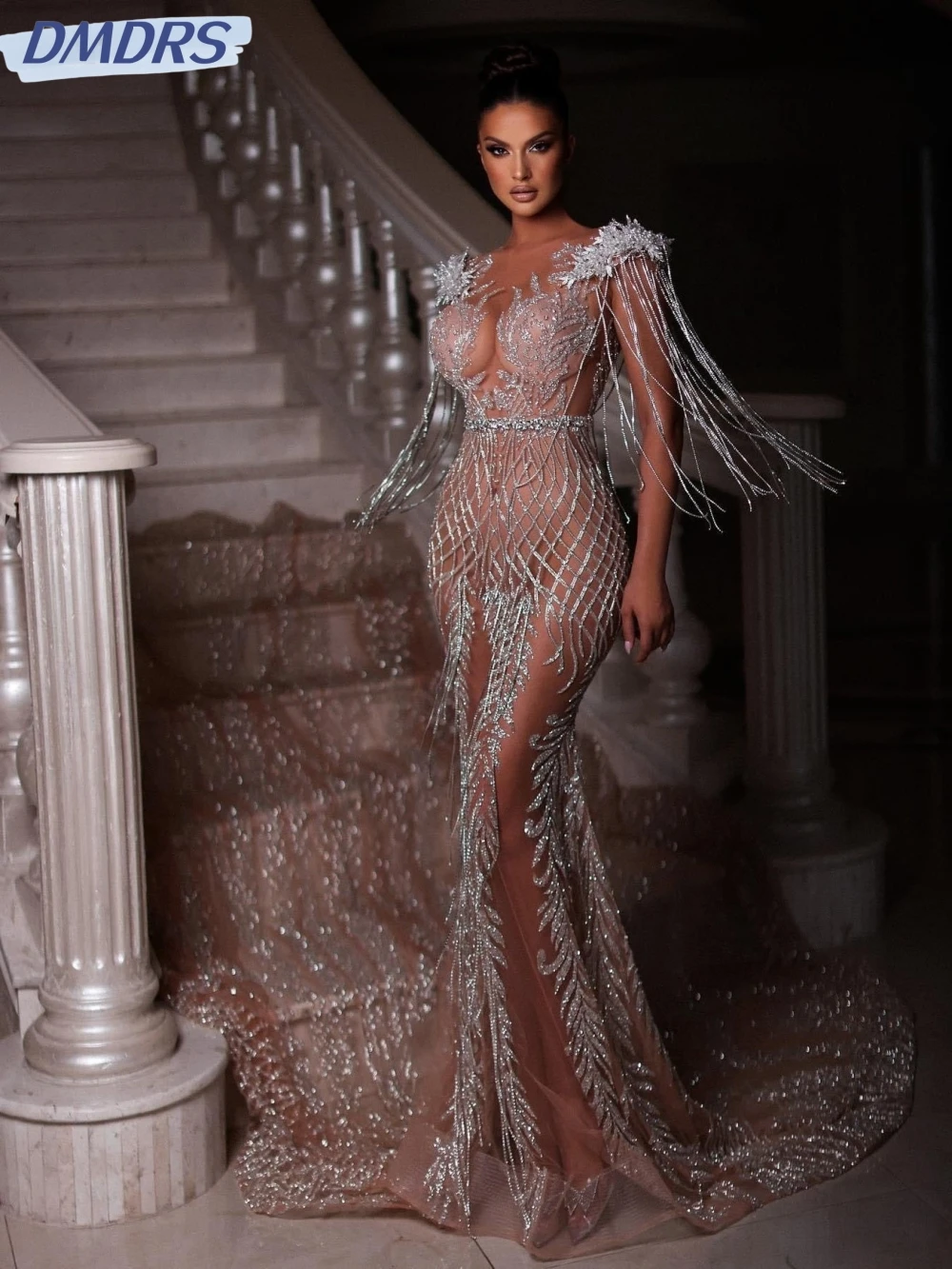 

Luxury Mermaid With Long Train Prom Gown Glitter Beads Tassel Cocktail Dresses Sexy Illusion Evening Dress Robe De Mariée