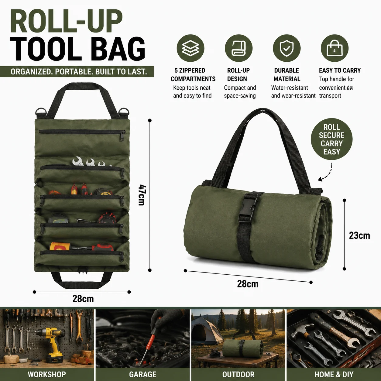 Heavy‑Duty Oxford Roll‑Up Tool Bag, Multi‑Tool Organizer for Mechanics Electricians Carpenters Garage Storage