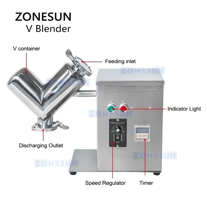 ZONESUN ZS-V2 V-образный блендер из нержавеющей стали, машина для смешивания порошков для пищевых, химических и фармацевтических сухих порошков