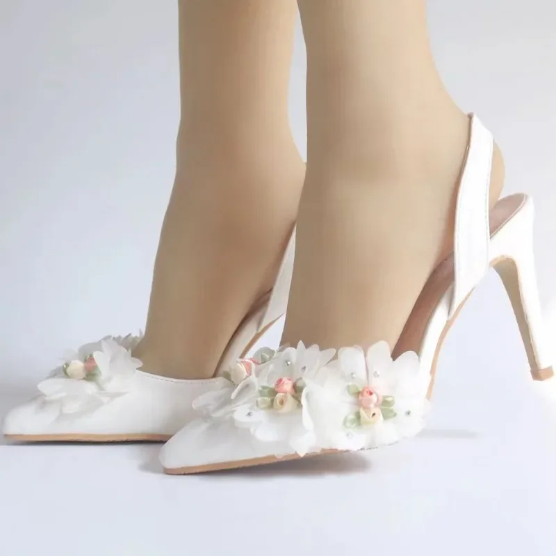 Pointed Casual Single Shoes Sweet White Flower Sexy Dress Wedding Shoes Women Sling Baotou High Heels Floral Sandals 2024