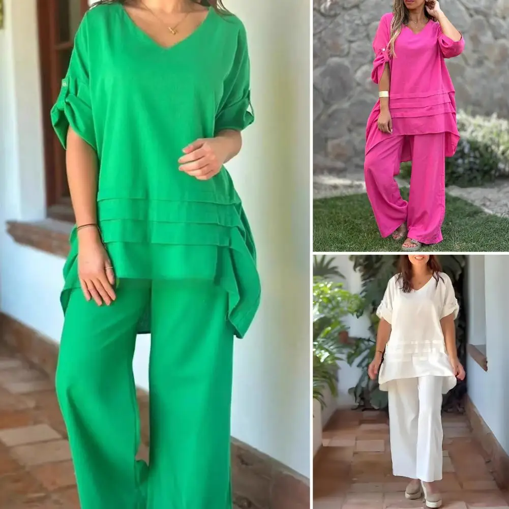 

Women Fashion Outfit Spring Outfit Loose Fit Suit Women's 2-piece Lounge Set 3/4 Sleeve O-neck Top Wide Leg Pants Loungewear