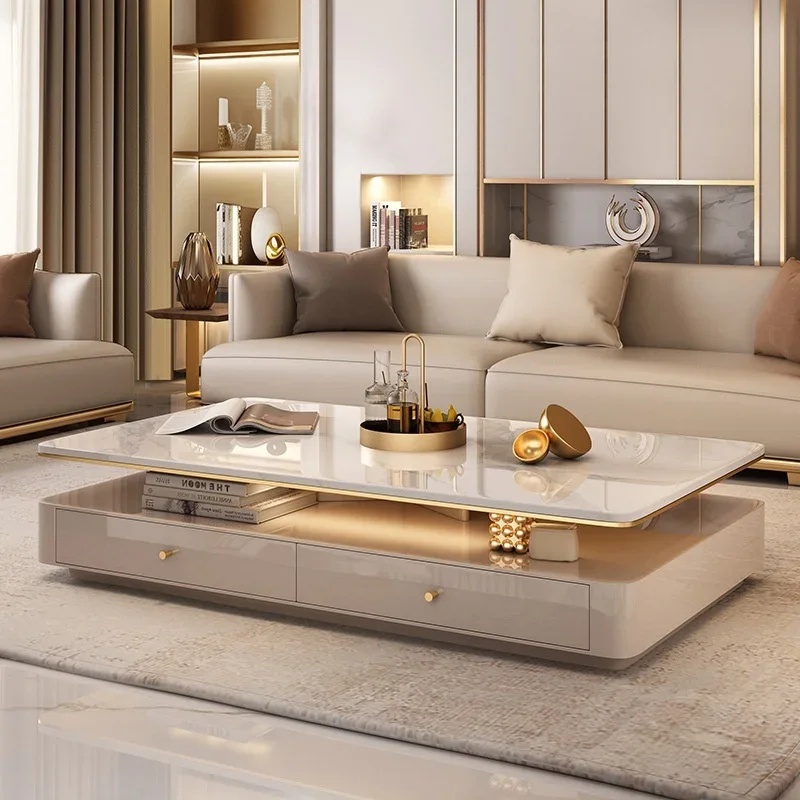 Luxury modern simple double-layer coffee table high-end rectangular wooden coffee table