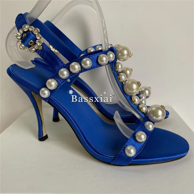 لؤلؤة حبة ديكور T-حزام خنجر كعب الصنادل للنساء الفاخرة الساتان الكاحل Strappy أحذية الحفلات 10 سنتيمتر الصيف #5