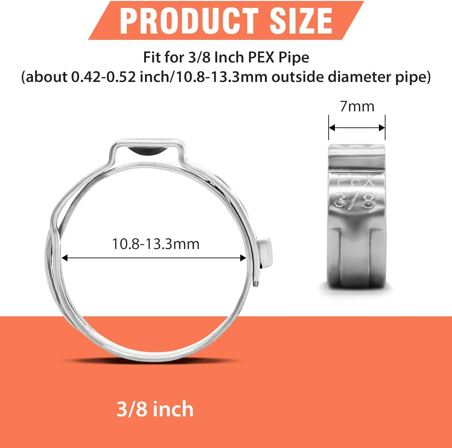 60pcs 3/8 inch PEX Cinch Clamps Rings 304 Stainless Steel Single Ear Hose Clamp Pex Crimp Ring PEX Tubing Pipe Fitting 13.3mm