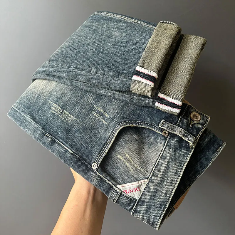 Celana jins Pria Mode jalan, celana Denim desainer antik gaya Italia pria, jins ketat melar biru Retro, celana jins pria