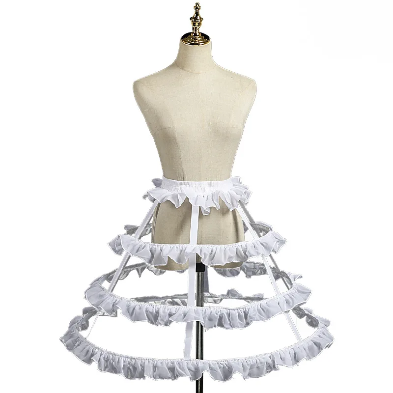 White  Short Crinoline Waistband  Hollow Cage Pannier 3 Hoops 4 Tiered Ruffles  Petticoat Skirt  Underskirt