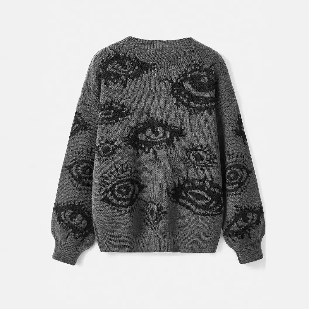 Y2k Streetwear Damskie Grunge Punk Eye Print Długi rękaw Drop Shoulder Ciepłe swetry Top jesień lub zima