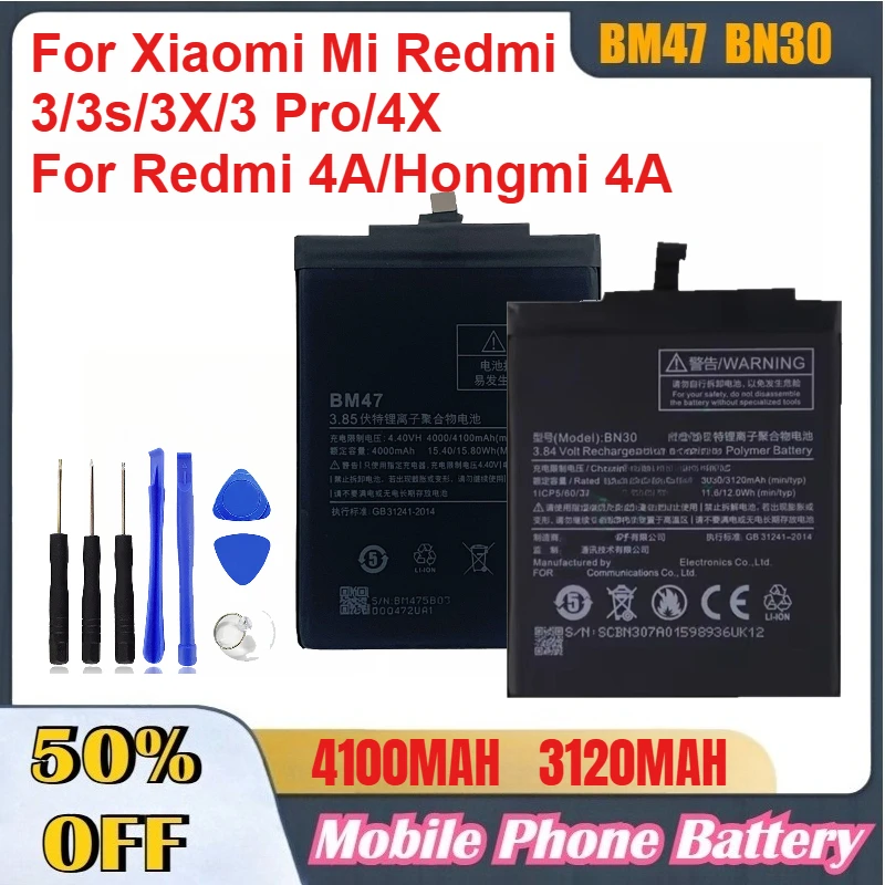 

BM47 BN30 Mobile Phone Battery for Xiaomi Mi Redmi 3/3s/3X/3 Pro/4X for Redmi 4A/Hongmi 4A Replaceable Batteries Accessories