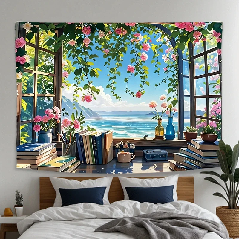 VIKAMA Window Ocean View Tapestry Wall Hanging Anime Desk Flowers Books Cozy Aesthetic Wall Art Bedroom Dorm Room Decor