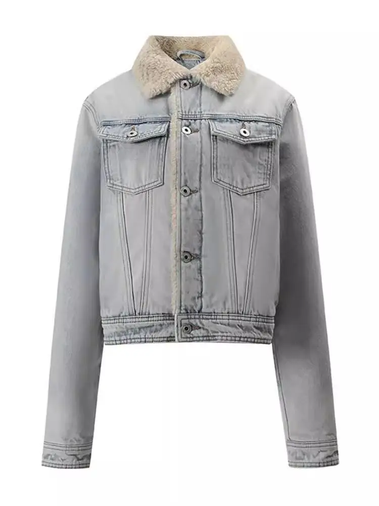 

2025 Autumn and Winter New Plaid Thickened Lamb Wool Padded Denim Washed Retro Cotton Jacket