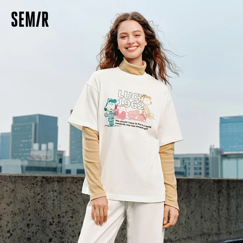 Semir Short Sleeve T-Shirt Women Mid-Length Printed 2024 New Autumn Cotton Clothing