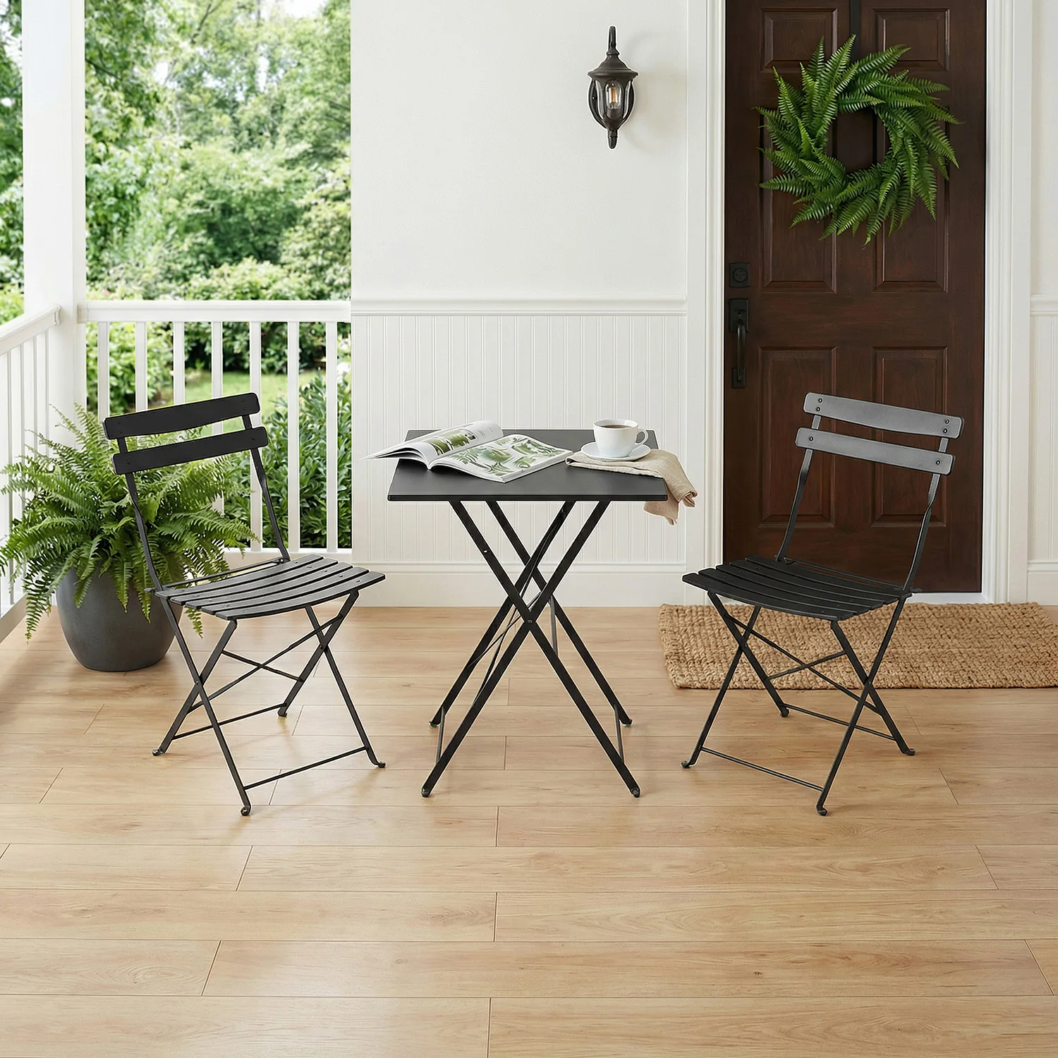 Folding 3-Piece Outdoor Bistro Set, Square Metal Patio Table with 2 Chairs - No Assembly - Weather-Resistant Rustproof Finish - Space-Saving Collapsible for Balcony/Porch/Yard/Garden
