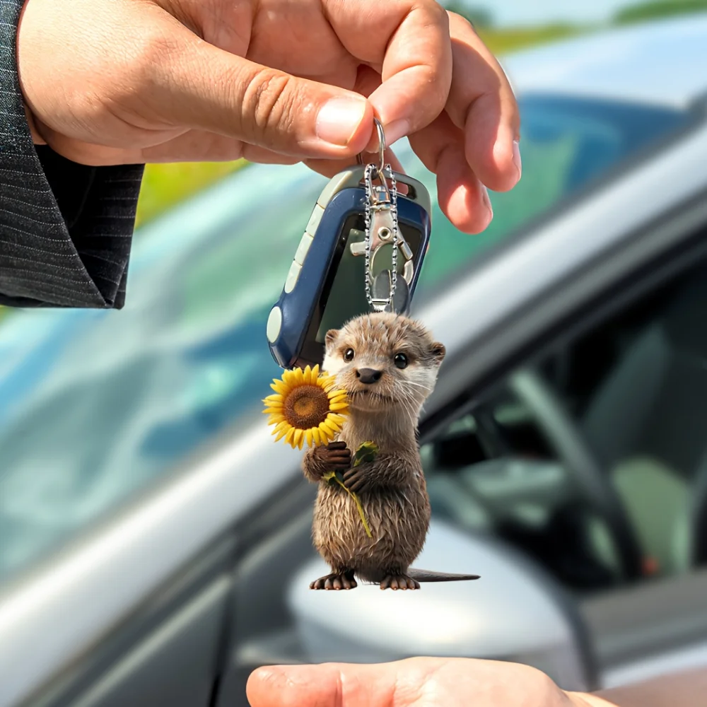 2D Otter with Sunflower Acrylic Pendant Cute Animal Keychain Versatile Charm Cartoon Decor for Car Backpacks Festive Party Gift