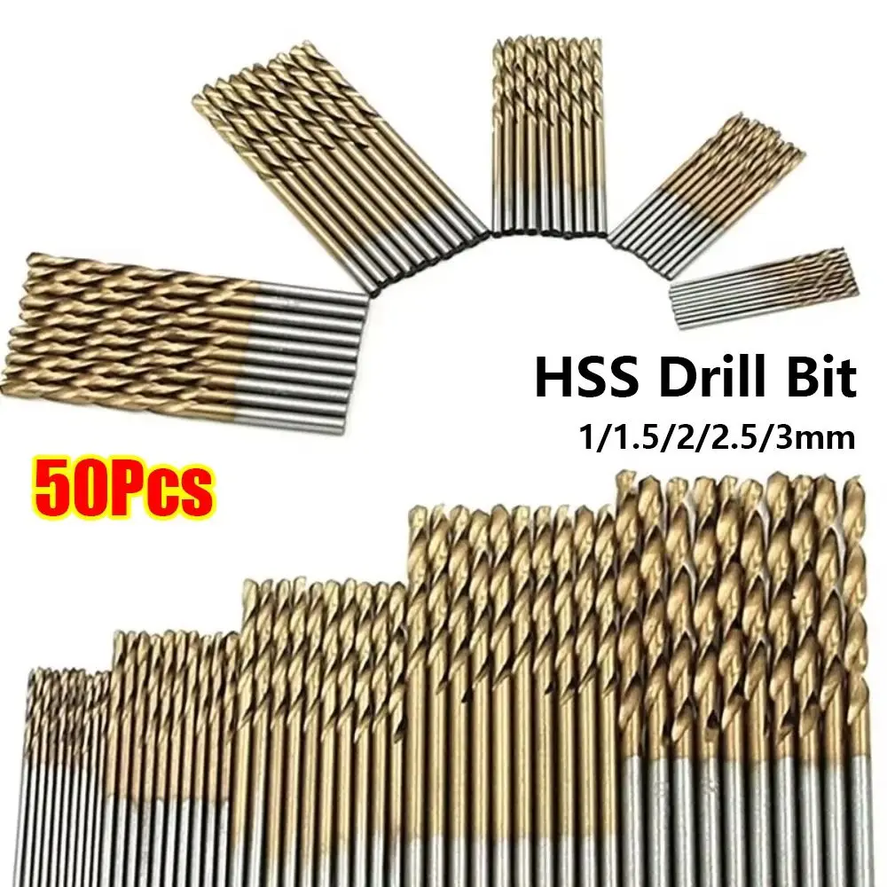 

50Pcs/Set 1/1.5/2/2.5/3mm Twist Drill Bit Set High Speed Steel Anti Rust HSS Drill Bit Titanium Coated Wear Protection