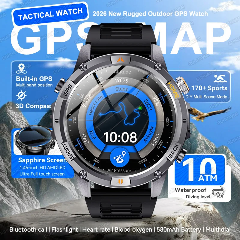 

2026 New Tactical GPS Smart Watch 1.7" AMOLED Sapphire Screen Built-in Dual band AGPS 10ATM Flashlight Compass Rugged Smartwatch