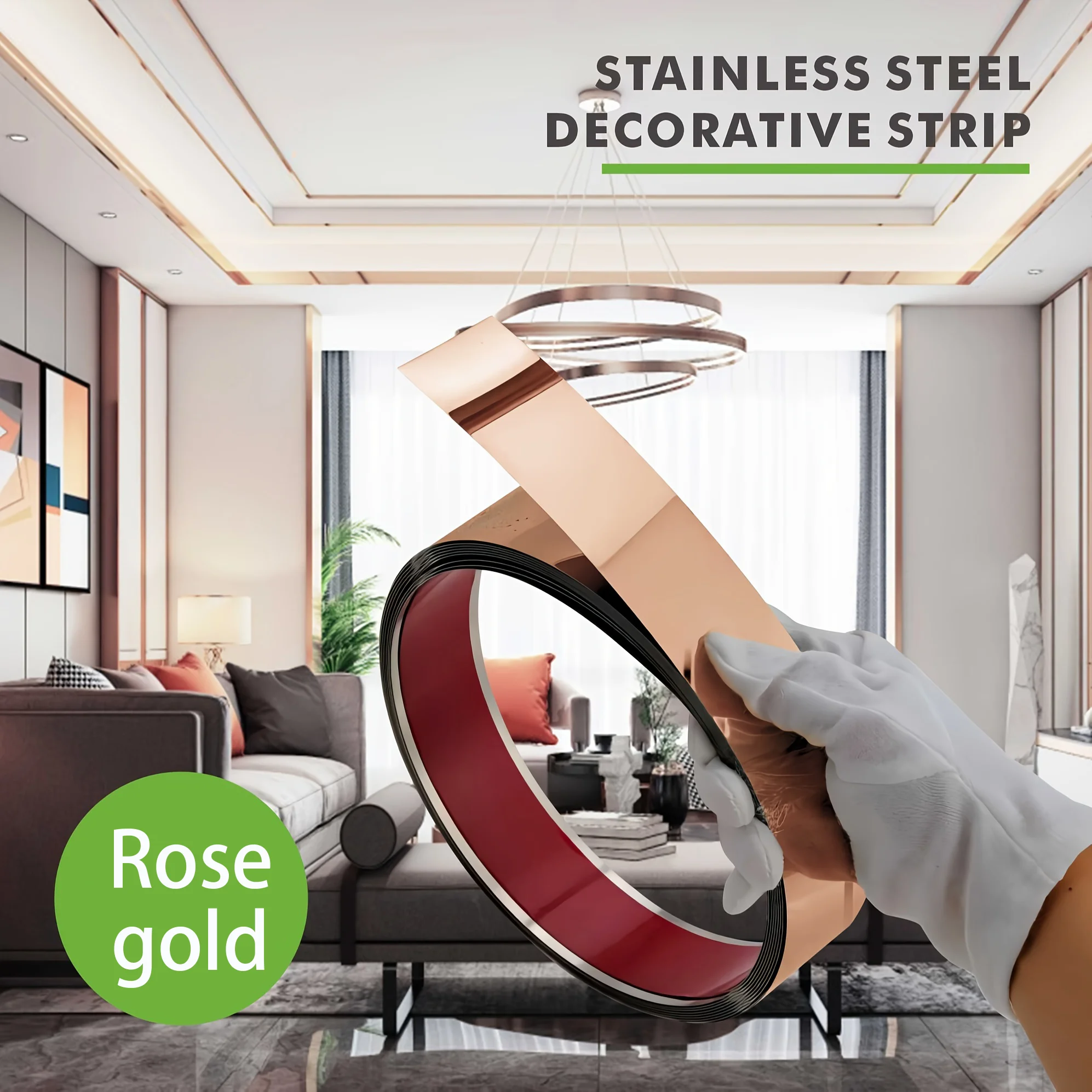 15M stainless steel flat decorative line self-adhesive background wall edge strip, straight back adhesive metal strip