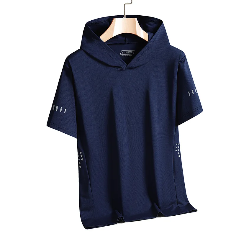 Hooded Ice Silk T-Shirt Men's 2026 Summer Thin Sports Short Sleeve T-Shirt