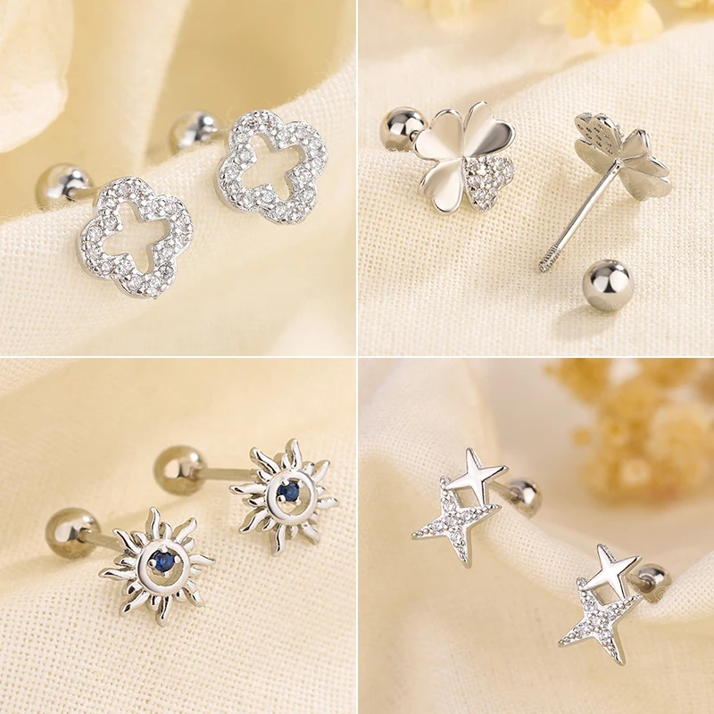 Zilver Kleur Super Fonkelende Holle Klaver Bloem Stud Oorbellen Voor Vrouwen Persoonlijkheid Zon Oor Piercing Dagelijkse Sieraden Accessoires