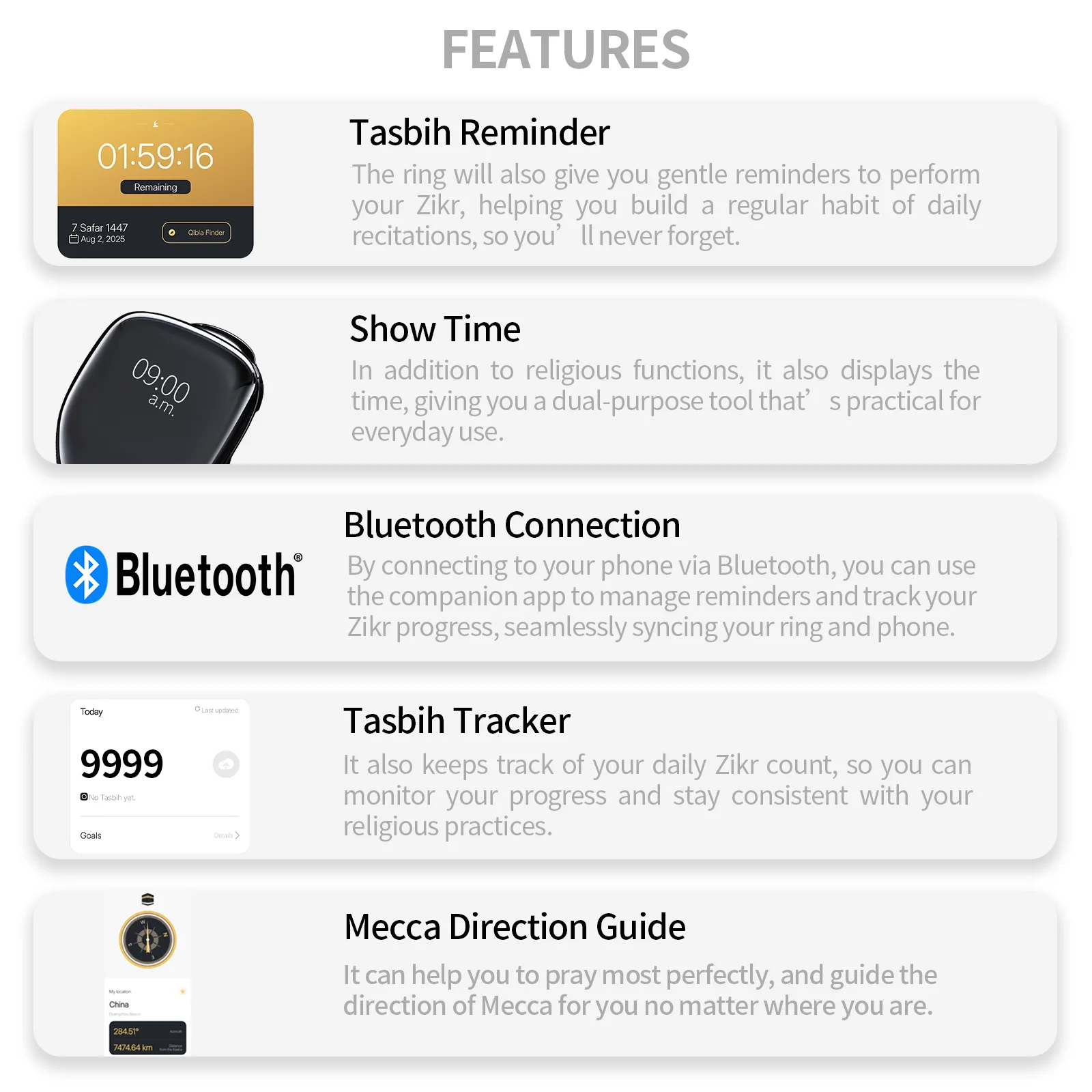 حلقة ذكية قابلة للتعديل، عداد إصبع، دليل الصلاة، عداد التسبيح، 5 ساعة منبه أذان، مسبحة إلكترونية، تطبيق هدية عيد رمضان