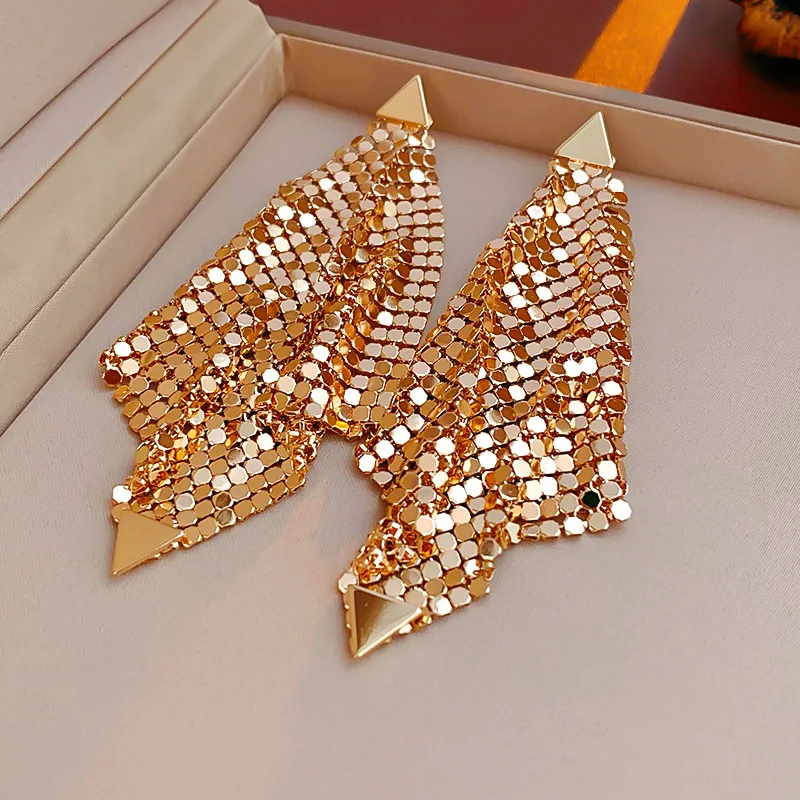 Gold Color Triangle Geometric Glitter Tassel Dangle Earrings for Women Europe and America Personality Exaggerated Charms Jewelry
