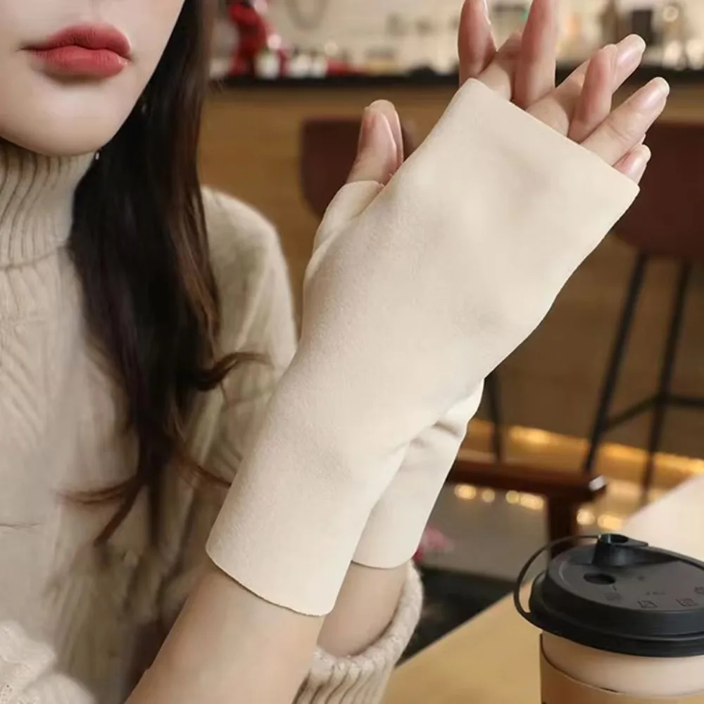 Touch Screen Fingerless Gloves Soft Velvet Wrist Palm Protection Velvet Mittens Solid Color Half Finger Gloves Winter