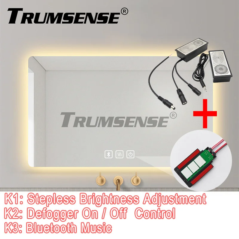 Trumsense WS08F3-M2A-BW LED Mirror Touch Switch Brightness Adjusting Defogger Control Bluetooth Compatiable Speaker Included