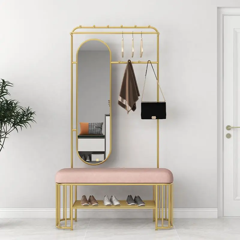 On the wall, enter the door, change shoes, store them in the door, mirror shoes, household coat rack, and sit on