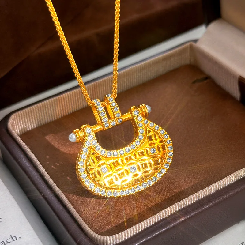 Valued Collectible Diamond Hollow Copper Coin Lock Pendant For Women 24K Gold AU999 serve as lucky premium gifts for important