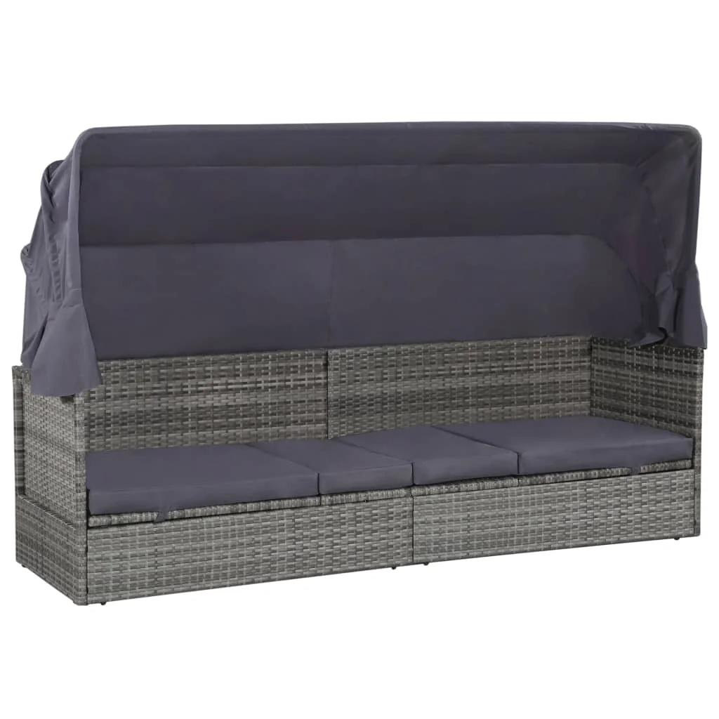 Chaise longue de jardin avec auvent gris 205x62 cm en résine tressée, pour extérieur, patio, bord de piscine, relaxation