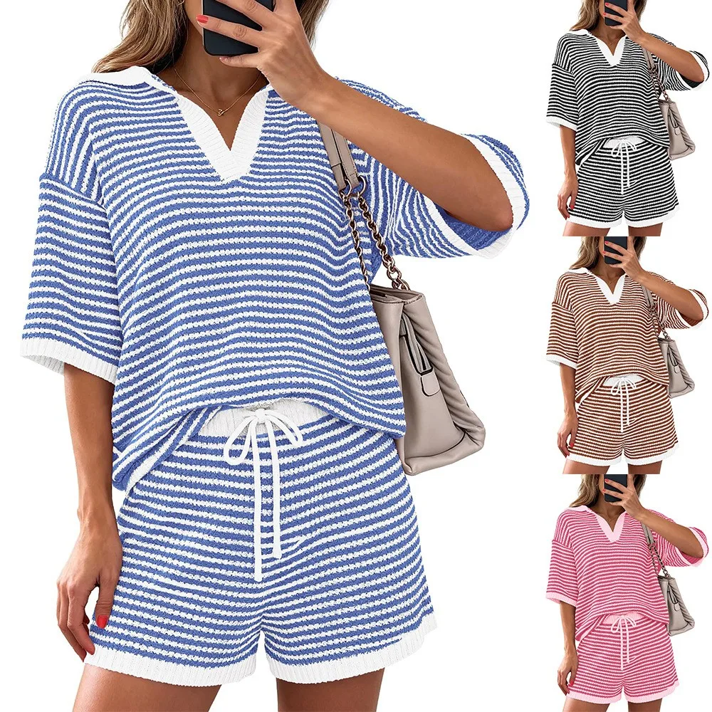 

Summer Women's 2-piece Set Shorts Striped Drawstring Waist Short Pants Blue White Striped Casual Shorts Matching Two Piece