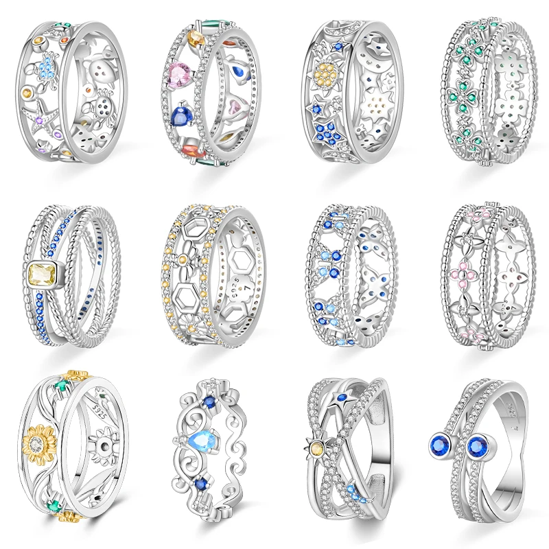 New 100% 925 Sterling Silver Fashion Sunflower Sun Moon Wide Rings Classic Heart-Shaped Crown Female Rings Elegant Party Jewelry