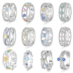 New 100% 925 Sterling Silver Fashion Sunflower Sun Moon Wide Rings Classic Heart-Shaped Crown Female Rings Elegant Party Jewelry