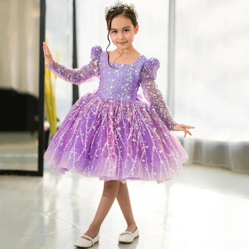 Purple Flower Girl Dress with Sequin Glitter Long Sleeve Tulle Bow WeddingPageant Formal Gown Clothes Children Birthday Party