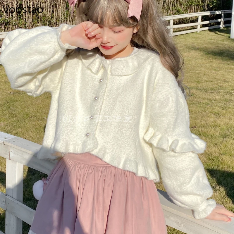 Sweet Lolita Style Knitted Cardigan Women Kawaii Ruffles Puff Sleeve Short Sweater Jacket Korean Girls Casual Y2k Knitwear Coat