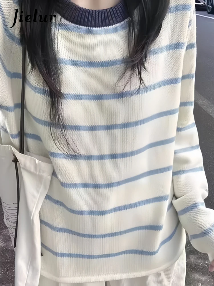 Korean Sweet Preppy Style Loose Casual Female Pullovers New Basic O-Neck Fashion Striped Contrast Color Knitting Women Pullovers