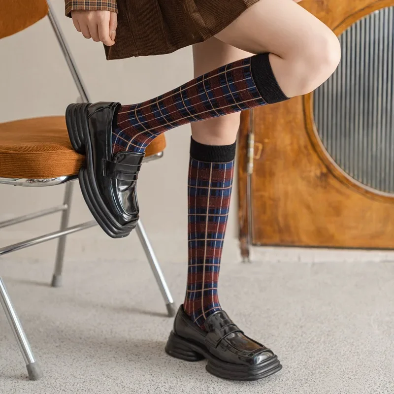 Stockings Women Harajuku Retro Vintage Plaid Long Socks Stocking JK College Style School Girls Cotton Knee Socks Women Stockings