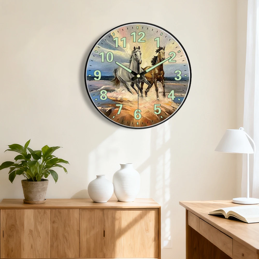 Fashion Luminous Wall Clock Horse Painting Theme Clock Silent Non-Ticking Artistic Clock For Corridor Living Room Bedroom Office