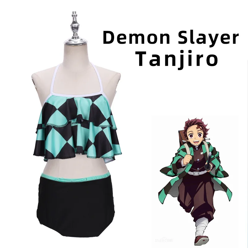 

Anime Kimetsu No Yaiba Kamado Tanjirou Cosplay Swimsuit Bathing Bikini Swimsuit Green Swim Suit