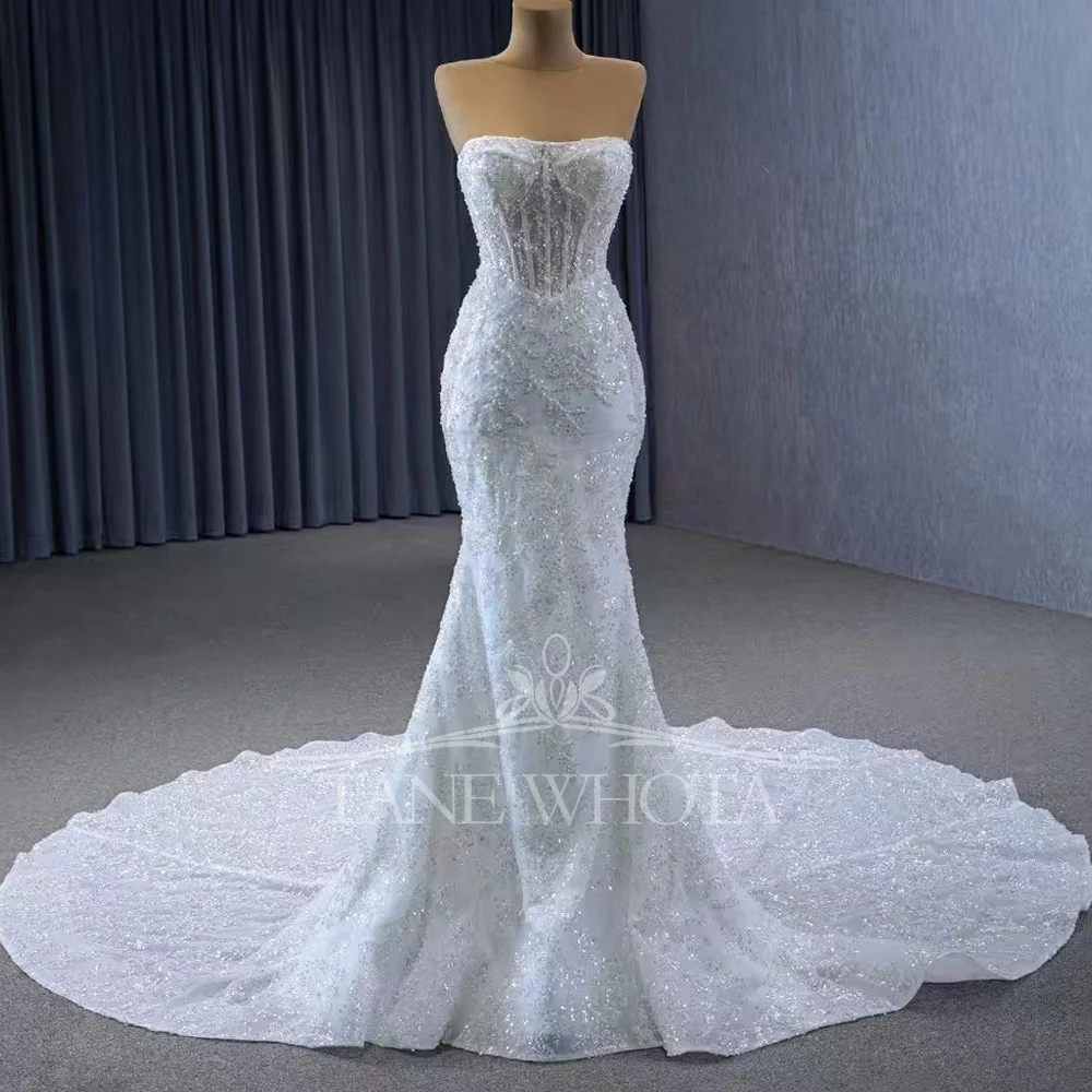 Customizable Strapless Detachable Sleeve Bridal Gown Lace Up Back Beading Sequined Sheath Style Wedding Dress