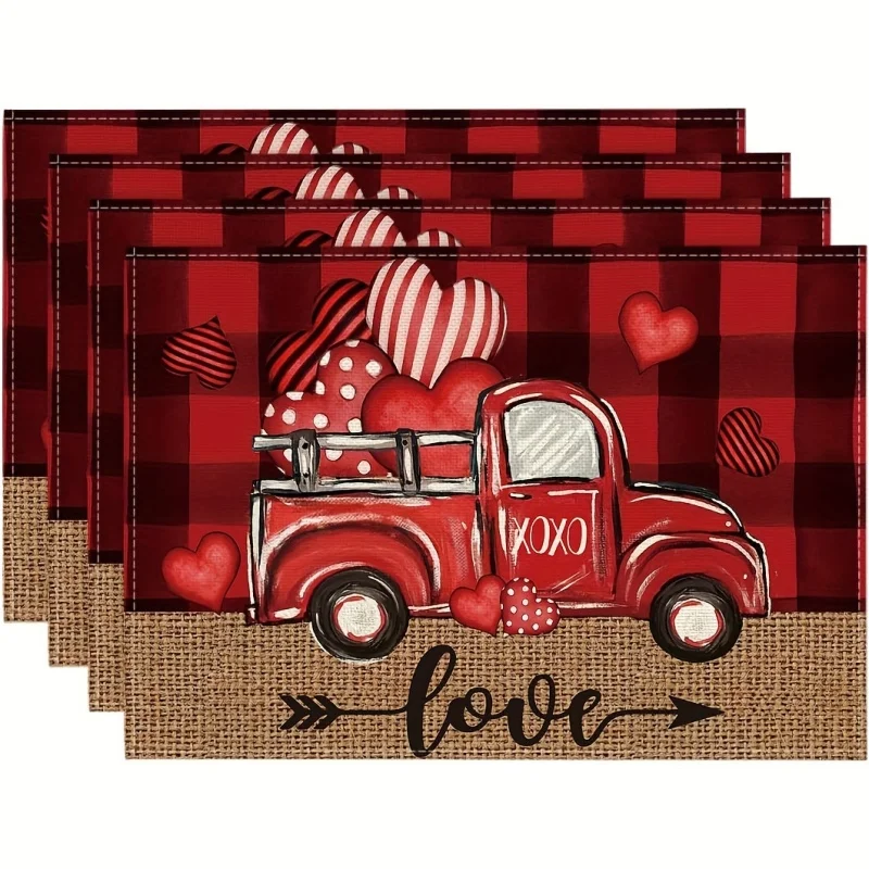 Valentine Heart Linen Placemats, Wooden Background Plaid Love Printed Table Mats, Romantic Dining Table Decor