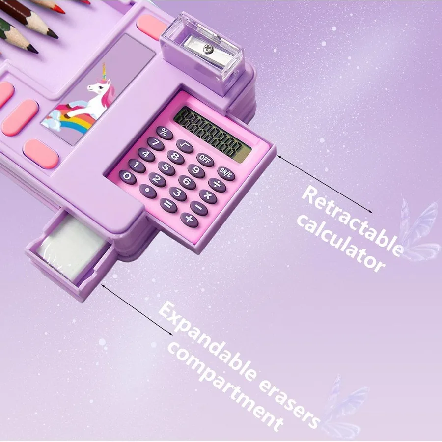 Multifunction Pencil Case with Calculator Pencil Sharpener and Curriculum Storage Featuring Multiple Cute Patterns for Elementa