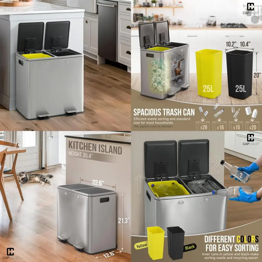 

Двойной мусорный бак из нержавеющей стали без помощи рук с двойной крышкой, комбинированный кухонный мусорный бак и корзины для переработки, компактный дизайн для эффектов